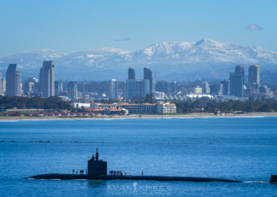 A submarine coming back home to its base in San Diego California.