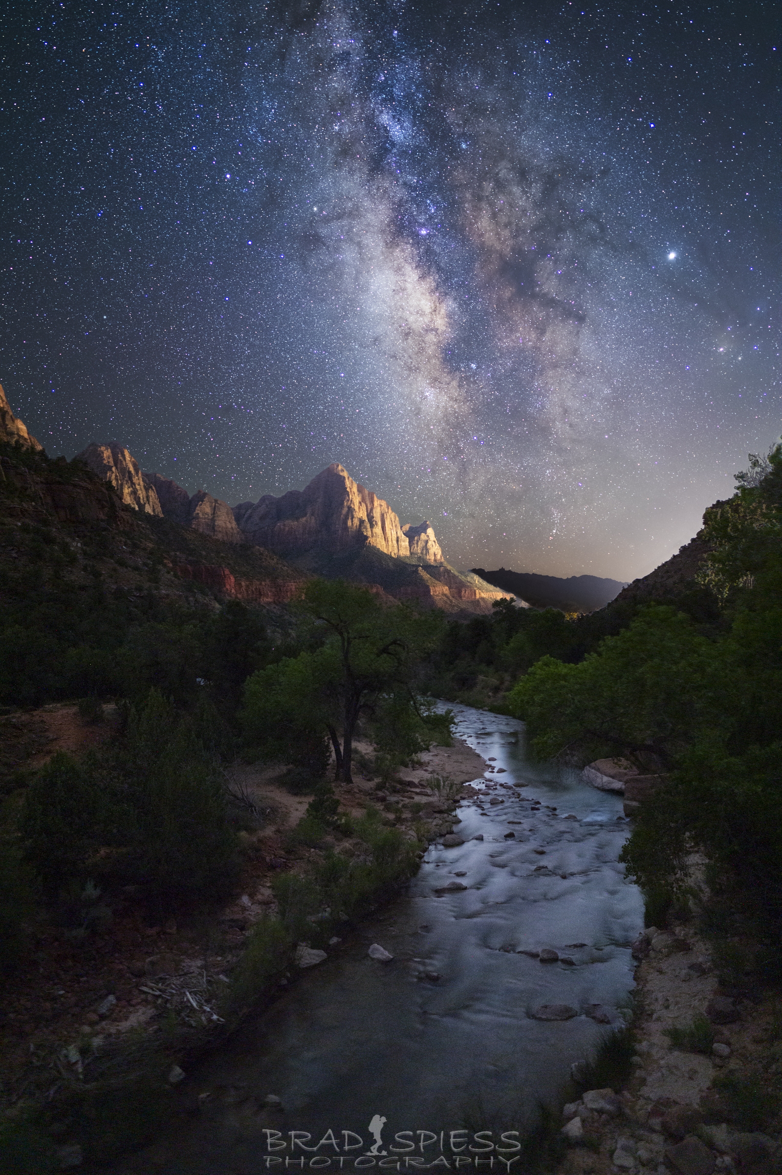 The Milky Way rising up behind the Watchman in Zion National Park