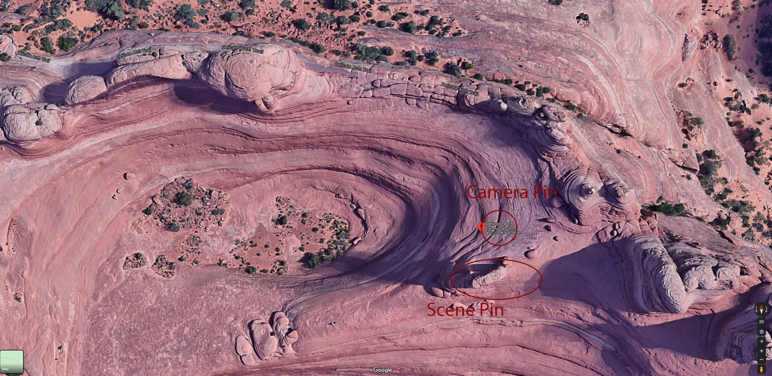 Top down Google maps view of Delicate Arch area